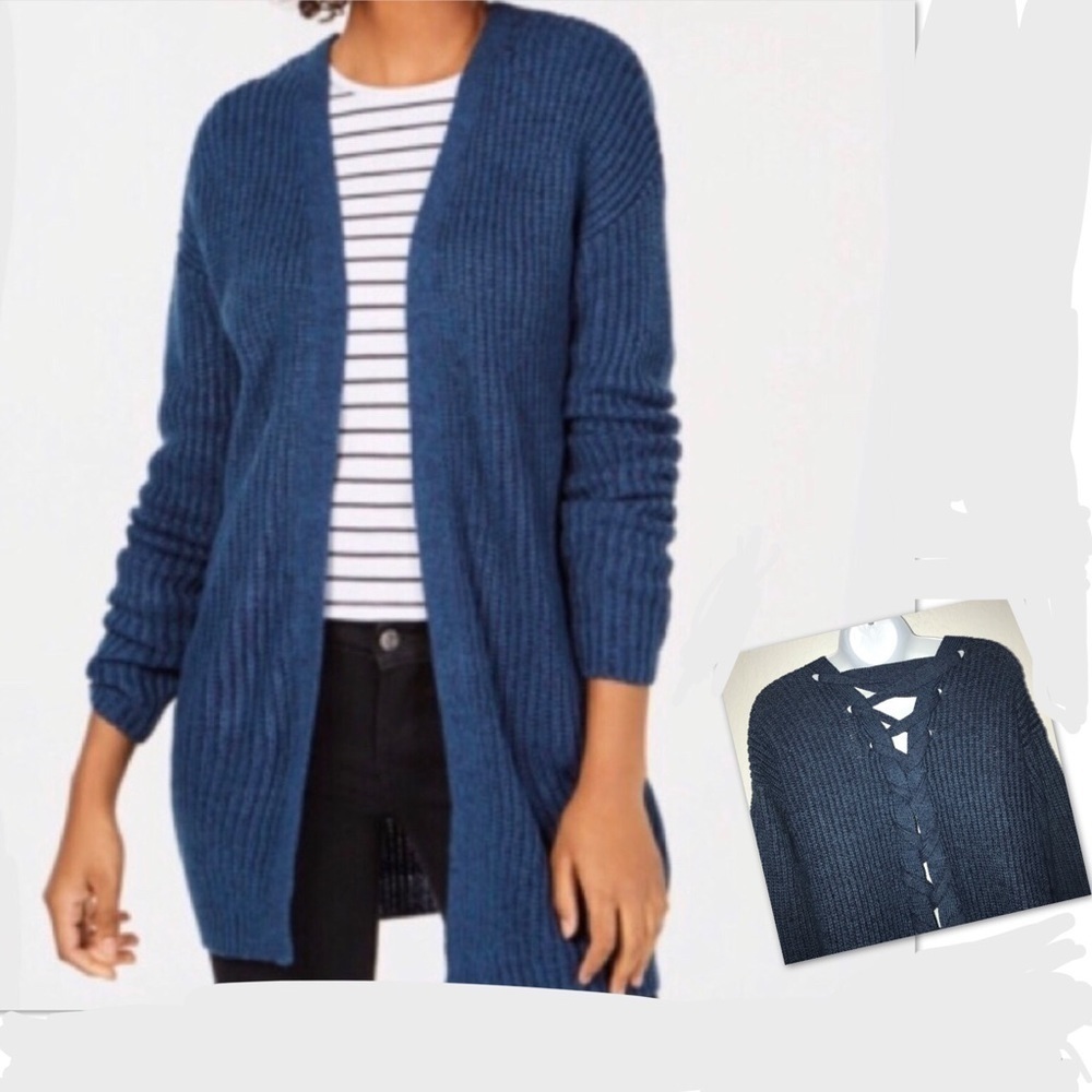 Planet Gold Lace Up Back Blue Cable Knit Women Cardigan Sweater L*